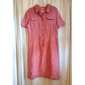 Talbots Women's Size 10 Coral Shift Dress Linen Button Down Midi Short‎ Sleeve